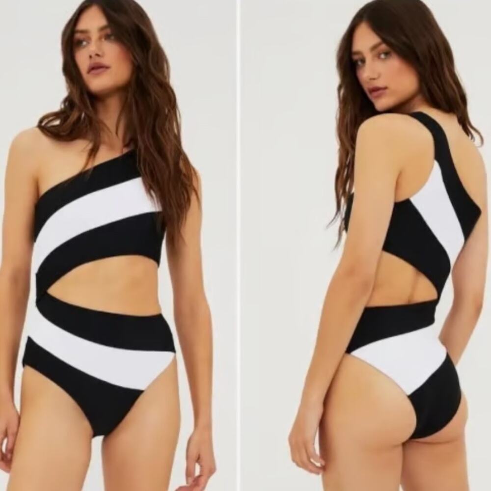 NEW Beach Riot black and white ribbed one shoulder side cutout monokini swimsuit